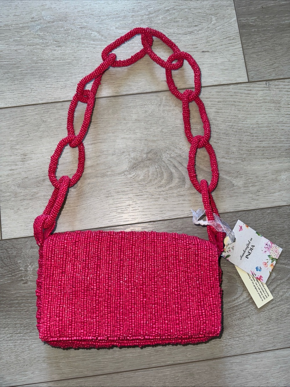 Hot Pink Raspberry Viral Beaded Chain-Strap Shoulder Bag